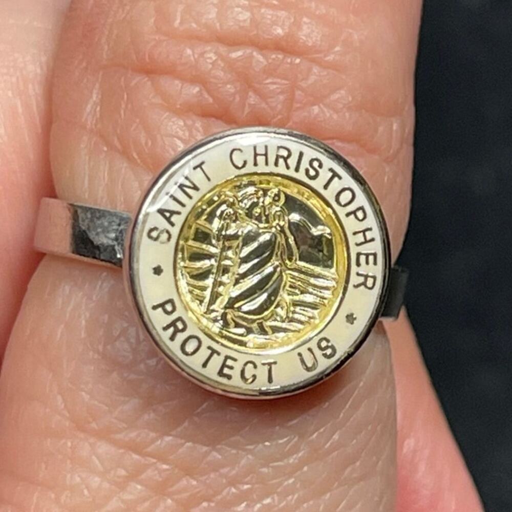 Vintage St. Christopher Protect Us Enamel Medal Ring Silver Tone Sz 6.5